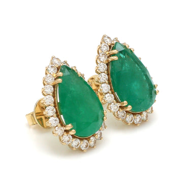 Pear-Shaped Emerald & Diamond Halo Earrings in 14k/18k Solid Gold