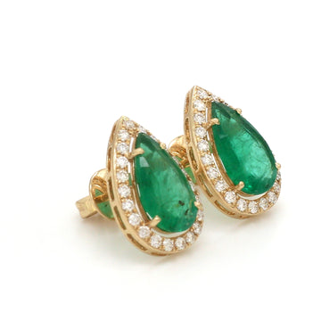 Pear-Shaped Emerald Diamond Halo Earrings | 14K 18K Solid Gold