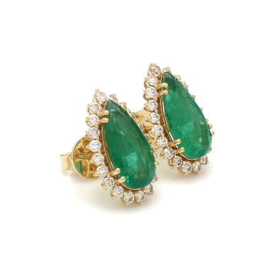 Elongated Pear Emerald & Diamond Halo Earrings in 14k/18k Solid Gold