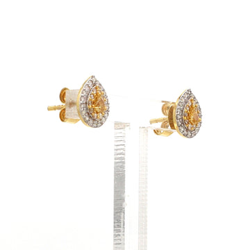 Pear Shaped Yellow Diamond Stud Earrings in Gold – Halo Setting with White & Yellow Diamonds, Elegant Fine Jewelry