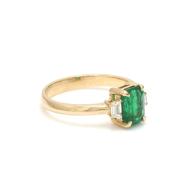 Emerald Three Stone Ring Gold | Trapezoid Cut Diamond Side Stones | Classic Emerald Engagement Ring
