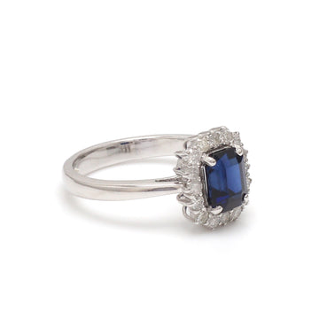 Blue Sapphire Octogen And Diamond Halo Ring