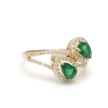 Pear Shape Emerald Double Halo Diamond Ring Gold | Open Bypass Emerald Ring | Natural Emerald Diamond Statement Ring