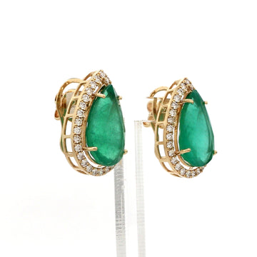 Large Pear Emerald Diamond Halo Stud Earrings | 14K 18K Solid Gold
