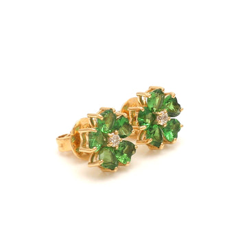 Tsavorite Garnet Floral Mini Stud Earrings in 14K 18K Solid Gold with Diamond Center