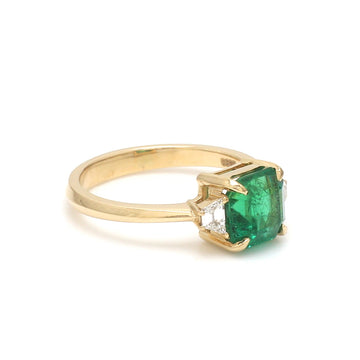 Emerald Three Stone Ring Gold | Trapezoid Cut Diamond Side Stones | Classic Emerald Engagement Ring