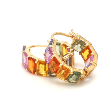 Rainbow Ombré Sapphire Hoop Earrings | 14K 18K Solid Gold | Multicolor Gemstone Huggie Hoops