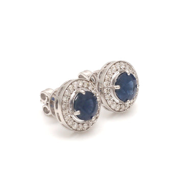 Blue Sapphire & Diamond Halo Stud Earrings in Solid Gold