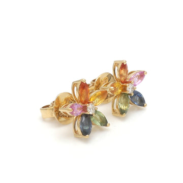 Rainbow Sapphire Marquise Cut Diamond Flower Stud Earrings Gold | Multicolor Sapphire Floral Earrings