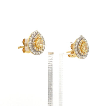 Pear Shaped Yellow Diamond Stud Earrings in Gold – Halo Setting with White & Yellow Diamonds, Elegant Fine Jewelry