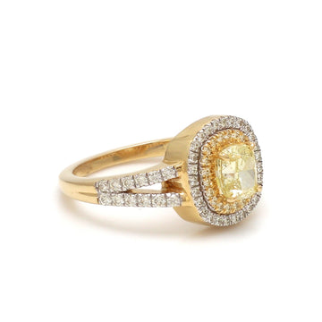 Natural Yellow Diamond Double Halo Ring Gold | Cushion Cut Center with Split Shank