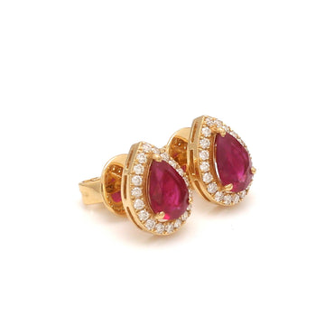 Pear-Shaped Ruby & Diamond Halo Stud Earrings in Solid Gold