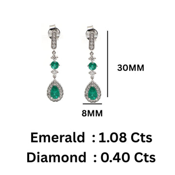 Art Deco Inspired Emerald Dangle Earrings Gold with Diamond Halo