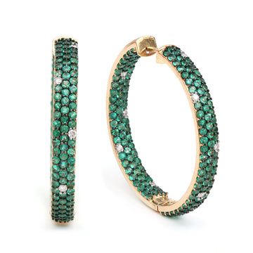 Emerald and Diamond Round Pave Big Hoops