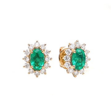 Emerald and Diamond Halo Stud Earrings Gold