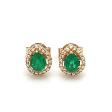 Emerald Earrings – Pear Diamond Halo Studs Gold – Natural Emerald Birthstone Jewelry