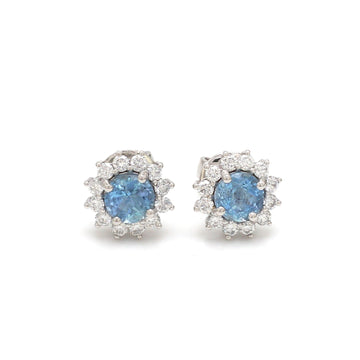 Aquamarine Diamond Halo Stud Earrings Gold – Round Aquamarine Earrings