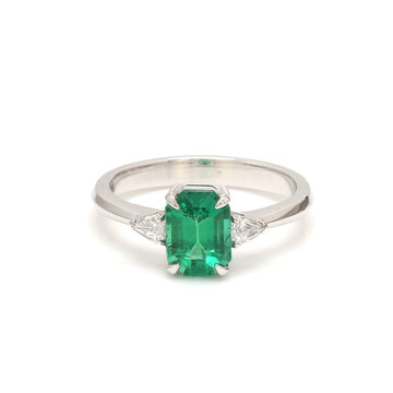 Emerald Three Stone Ring Gold | Shield Cut Diamond Side Stones | Elegant Emerald Engagement Ring