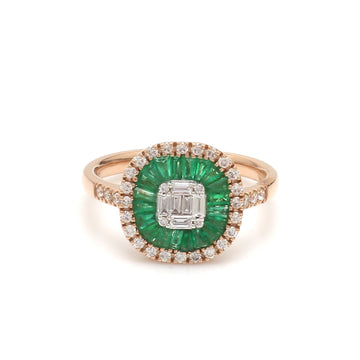 Emerald Diamond Halo Ring in Gold – Asscher Cut Center with Emerald Baguette & Diamond Accent