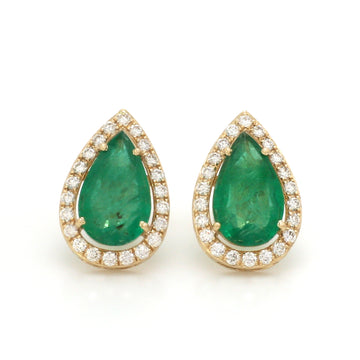 Pear-Shaped Emerald Diamond Halo Earrings | 14K 18K Solid Gold
