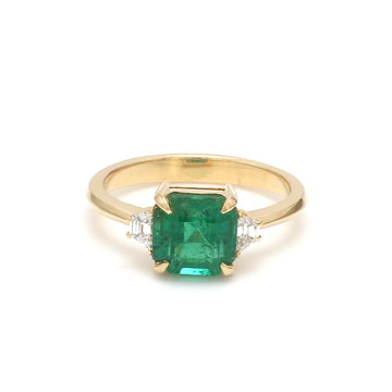 Emerald Three Stone Ring Gold | Trapezoid Cut Diamond Side Stones | Classic Emerald Engagement Ring