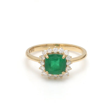 Emerald and Diamond Cushion Cut Halo Ring Gold