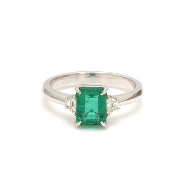Emerald Three Stone Ring Gold | Trapezoid Cut Diamond Side Stones | Classic Emerald Engagement Ring