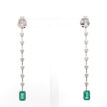 Emerald & Diamond Drop Earrings | 14K 18K White Gold | Minimalist Long Dangle Earrings
