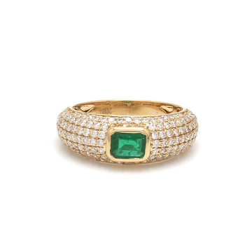 Emerald Pavé Diamond Dome Ring in Solid Yellow Gold – Vintage Bezel Statement Band