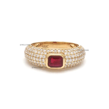 Ruby Pavé Diamond Ring – Bezel-Set Red Gemstone Dome Band