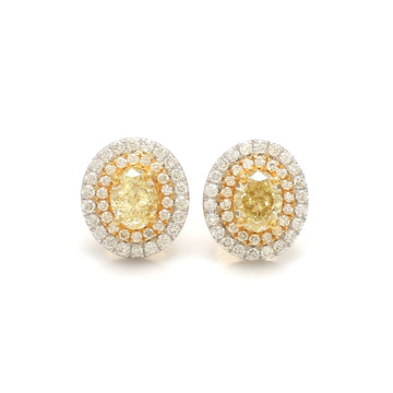 Natural Yellow Diamond Oval Stud Earrings | Gold Double Halo Earrings | Fancy Yellow Oval Diamond Jewelry