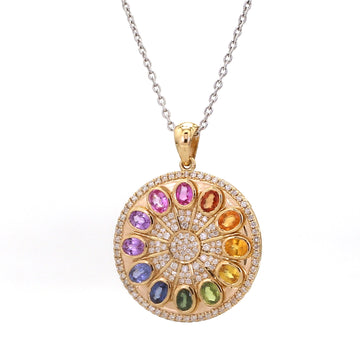 Rainbow Sapphire Oval and Diamond Disc Pendant