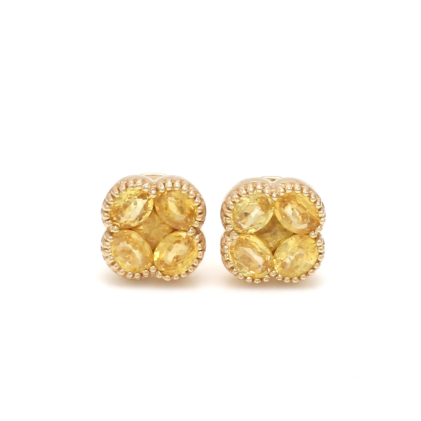 Cluster design yellow sapphire stud earrings in solid gold with beaded edge

