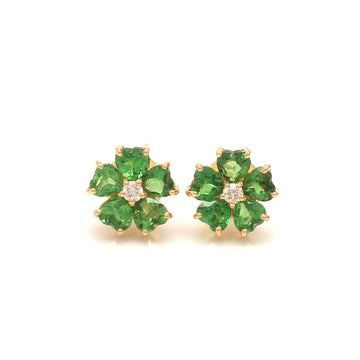 Tsavorite Garnet Floral Mini Stud Earrings in 14K 18K Solid Gold with Diamond Center