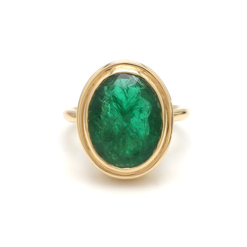 Natural Oval Emerald Chunky Ring Gold | Bezel Set Big Emerald Vintage Style Ring Gold