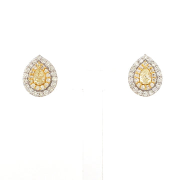 Pear Shaped Yellow Diamond Stud Earrings in Gold – Halo Setting with White & Yellow Diamonds, Elegant Fine Jewelry