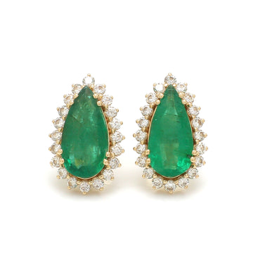 Elongated Pear Emerald & Diamond Halo Earrings in 14k/18k Solid Gold