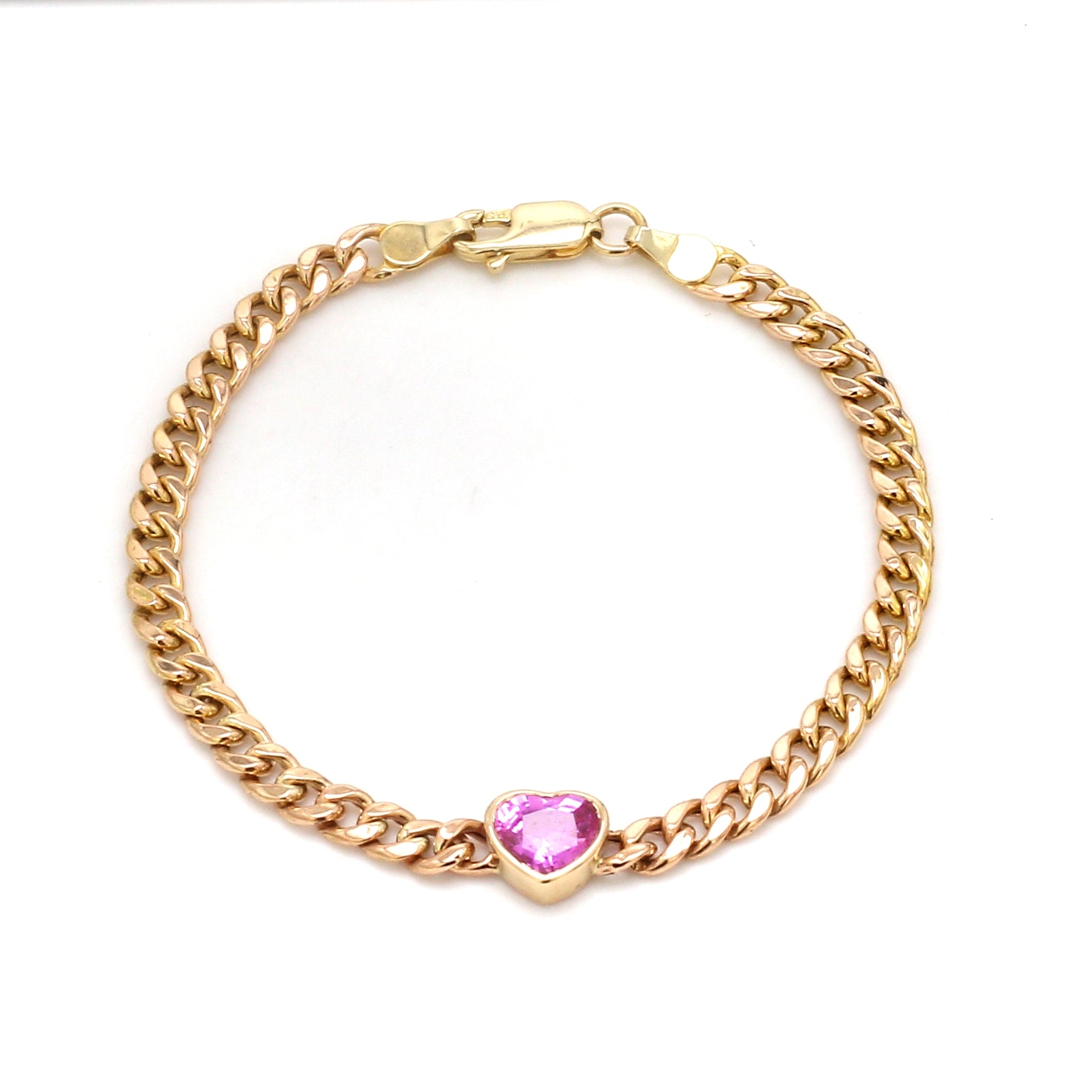 pink_sapphire_heart_gold_bracelet_cuban_chain_gift_women