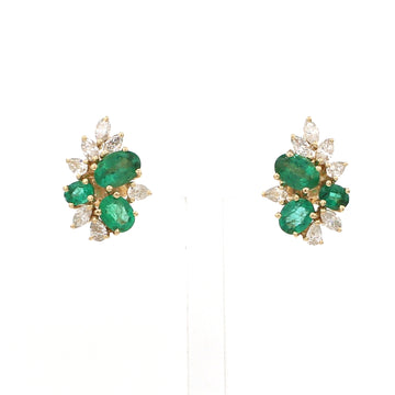 Emerald & Diamond Cluster Stud Earrings Gold