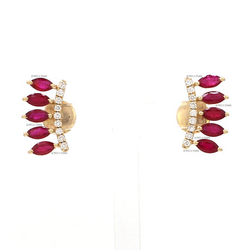 Ruby Marquise & Diamond Climber Earrings Gold | Jewels Park