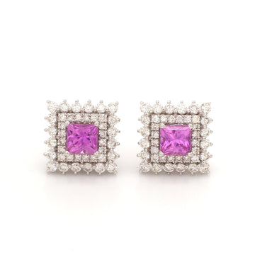 Pink Sapphire Princess Cut Diamond Halo Stud Earrings Gold