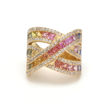 Rainbow Sapphire Princess Cut Diamond Big Ring