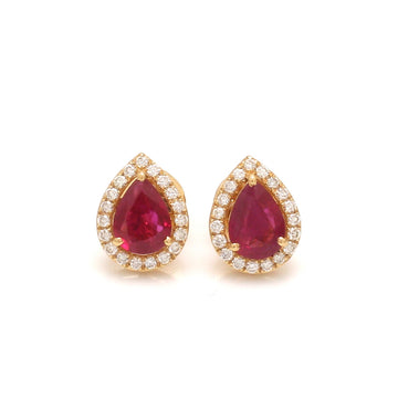 Pear-Shaped Ruby & Diamond Halo Stud Earrings in Solid Gold