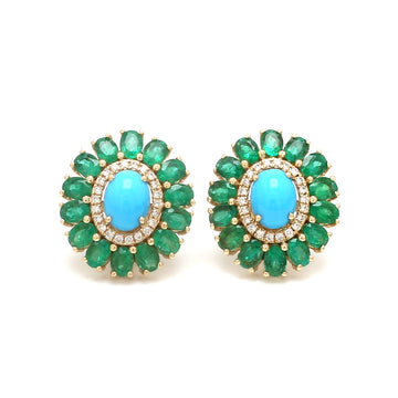 Turquoise, Emerald & Diamond Oval Halo Earrings Gold