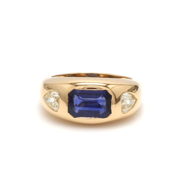 Blue Sapphire Emerald Cut Diamond Gypsy Ring
