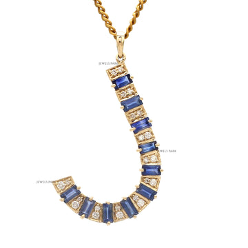 Initial J Necklace with Blue Sapphires & Diamonds in Gold