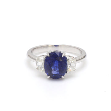 Blue Sapphire Half Moon Diamond Three Stone Ring