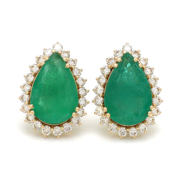 Pear-Shaped Emerald & Diamond Halo Earrings in 14k/18k Solid Gold