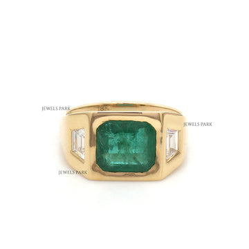 Square Emerald & Trapezoid Diamond Ring | 14K 18K Solid Yellow Gold Statement Ring