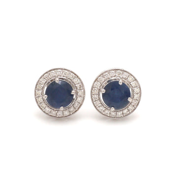 Blue Sapphire & Diamond Halo Stud Earrings in Solid Gold